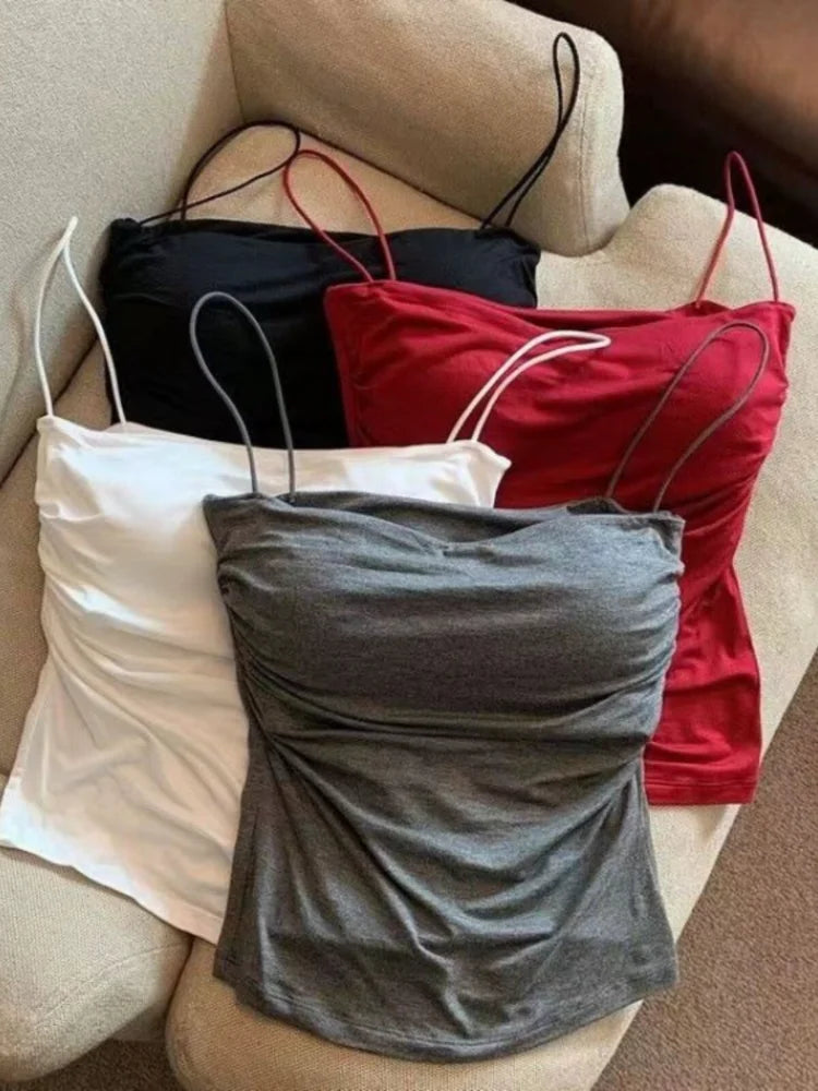 Débardeur plissé sans manches pour femme, coupe ajustée, style sexy, court, avec fines bretelles, couleur unie, simple et tendance