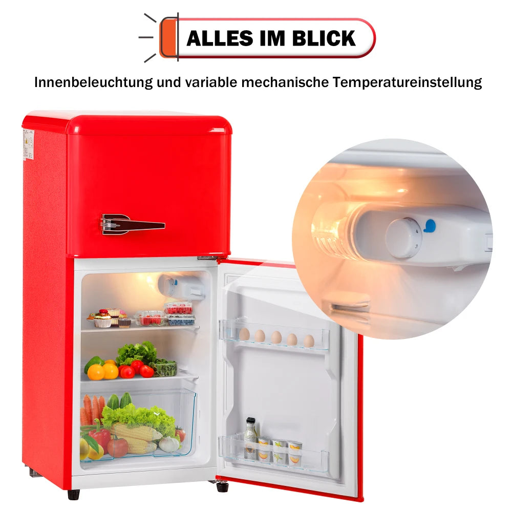 Frigorífico combi retro 45,5 cm de ancho, 2 puertas, 60 litros de volumen total, volumen de congelador 22 litros. 102 KWh/año,