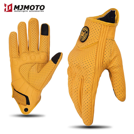 Gants de Moto Rétro en Cuir Jaune pour Homme et Femme, Accessoire Perforé et Respirant pour Course de Vélo, Écran Tactile, Motocross