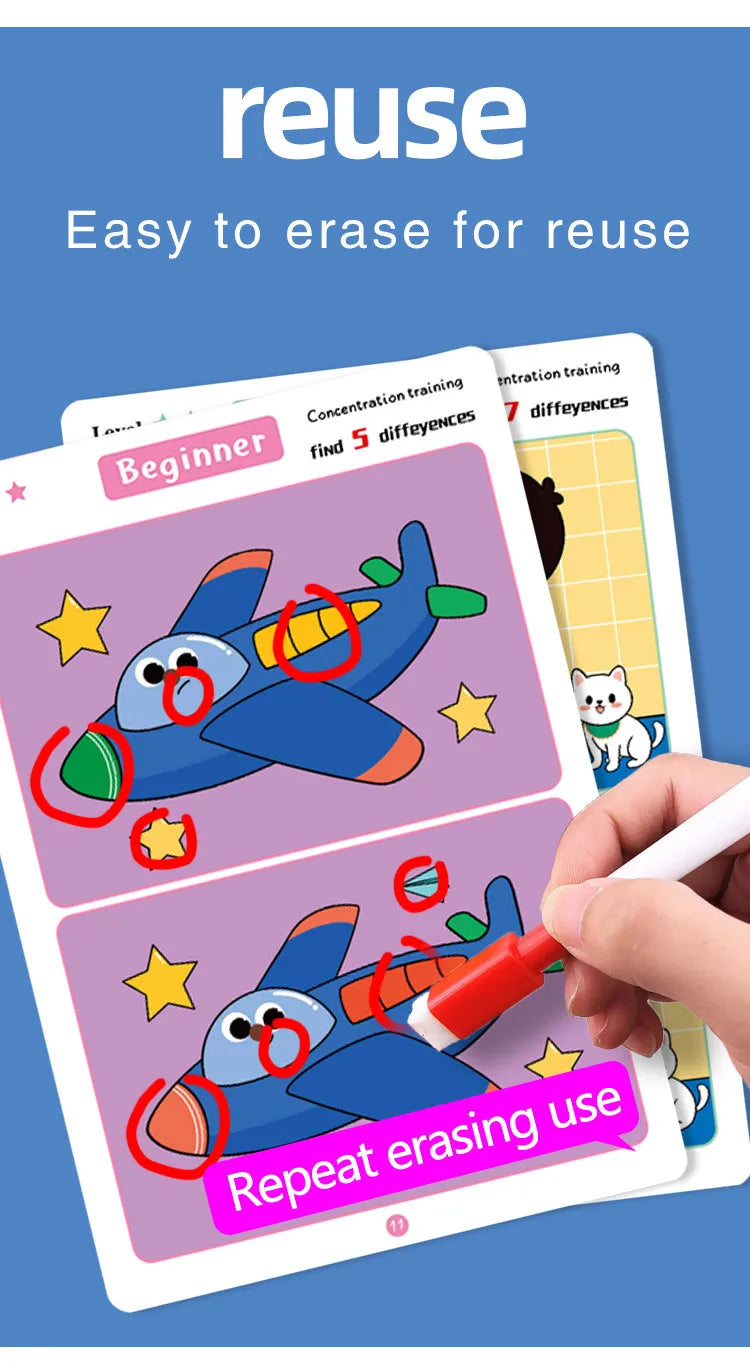Trouver des différences Jeu de cartes Puzzle éducatif de dessin animé réutilisable pour enfants Trouvez des niveaux de difficulté pour la formation à l'attention de concentration