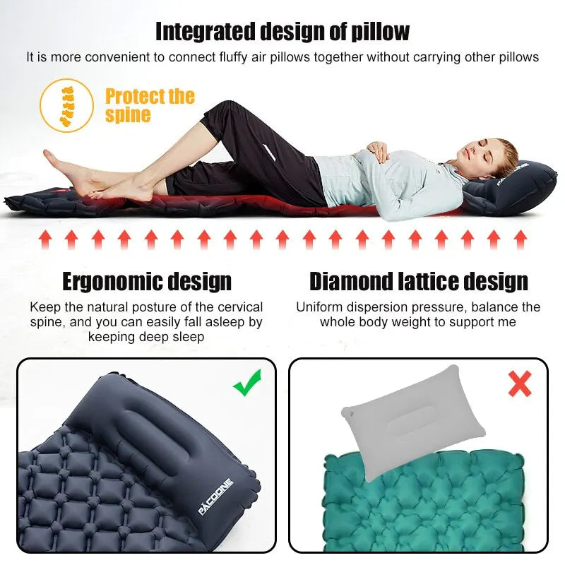 Camping en plein air Gonflable Matelas Couchage Pad Avec Oreillers Ultra Léger Air Mat Intégré Gonfleur Pompe Randonnée