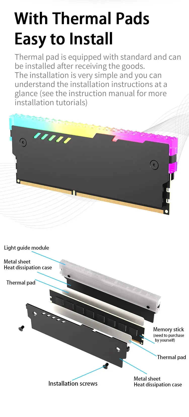 Dissipateur thermique de mémoire PC RM-1 gilet de refroidissement RAM 5V-3PIN ARGB RAM dissipateur thermique Aura Sync pour ordinateur de bureau mémoire DDR3 DDR4 DDR5 DDR2