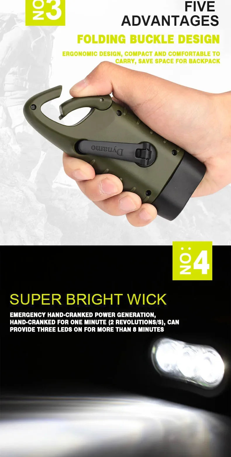 Lampe de poche LED à manivelle, équipement de survie Rechargeable à énergie solaire, torche de charge auto-alimentée, Dynamo pour pêche, bateau, randonnée