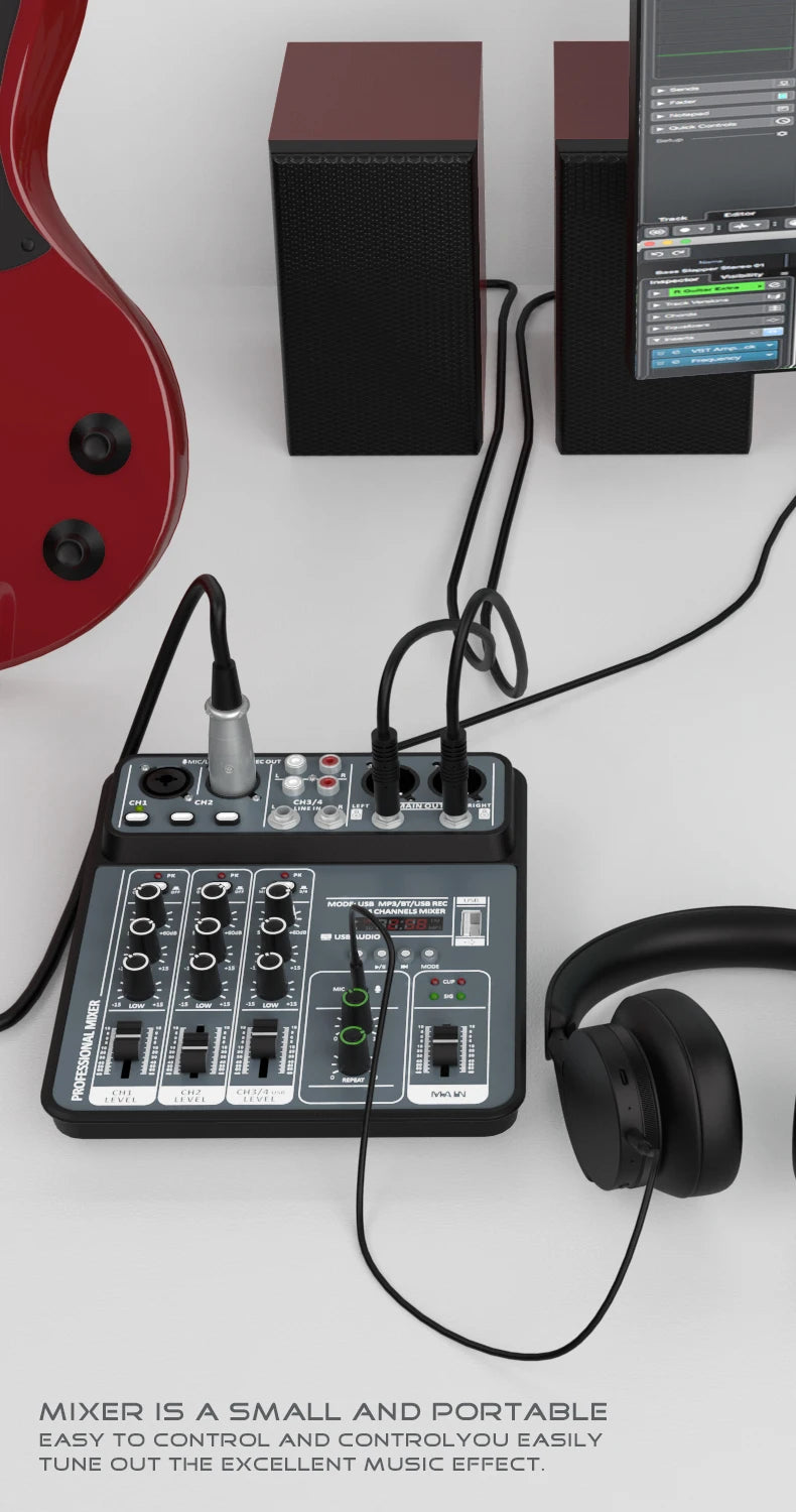 Mélangeur Audio DJ 4 Canaux USB Bluetooth — Console Mixage 48V Karaoké & Studio