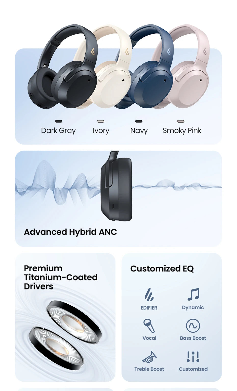 Edifier W820NB Plus 2025 – Casque Bluetooth ANC -49dB, audio haute résolution, supra-auriculaire