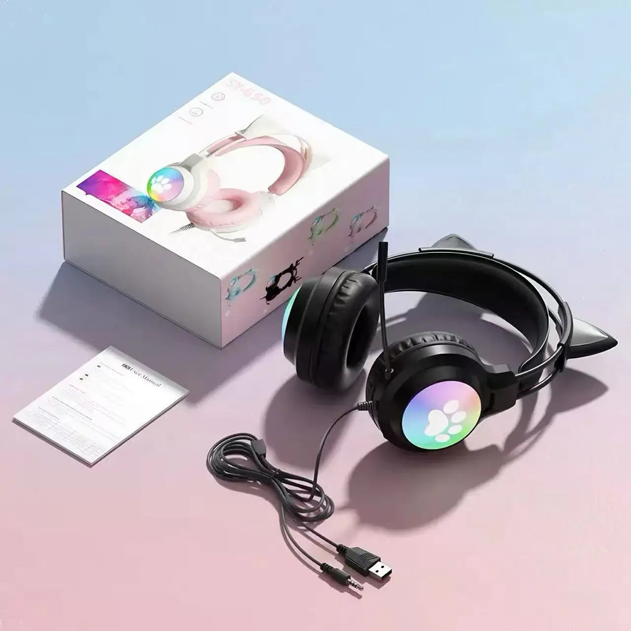 Casque gaming oreilles de chat filaire — suppression du bruit, éclairage LED, son surround FPS, micro (v2)