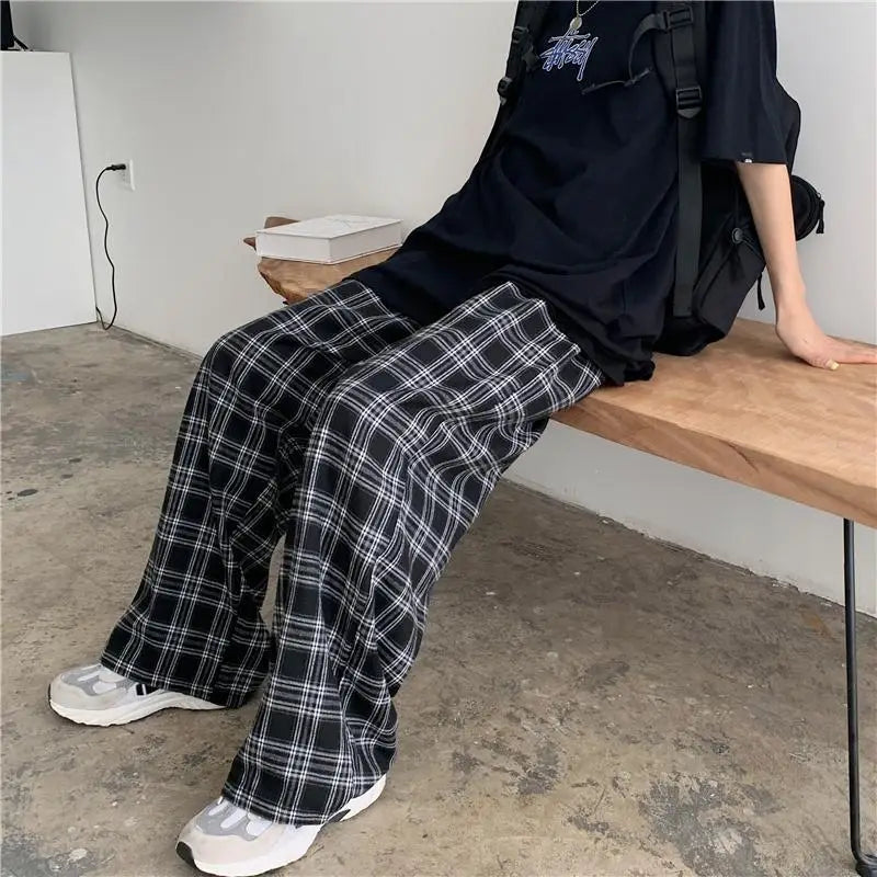 Women's Oversized Trousers Fashion Summer Black Plaid Sweatpants Casual Elastic Waist Pockets Casual Student Unisex Trousers