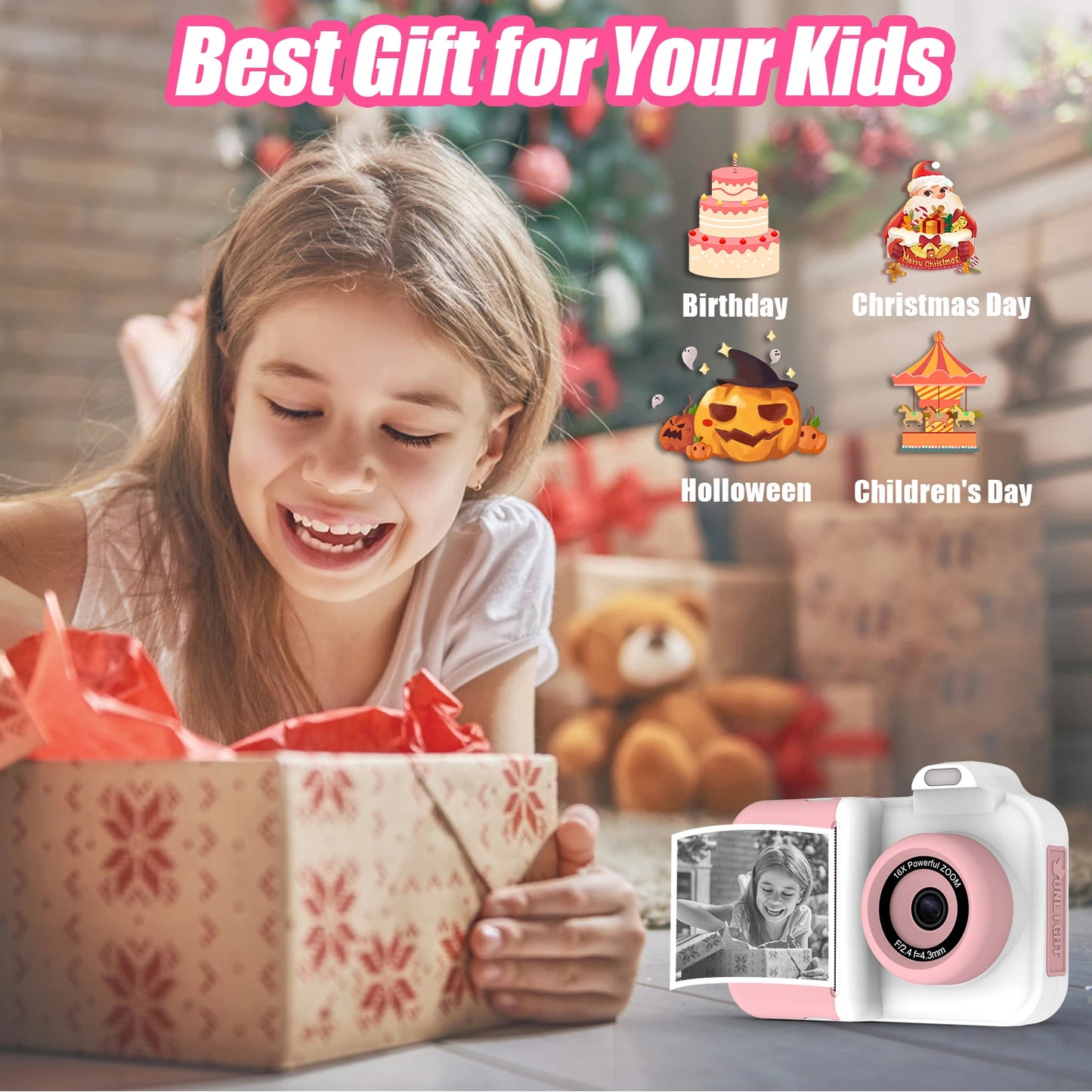 Kids Digital Camera, Instant Print, Dual Lens, 1080P HD Video Recording, 32G, for Boys and Girls, Christmas Gifts, Toys