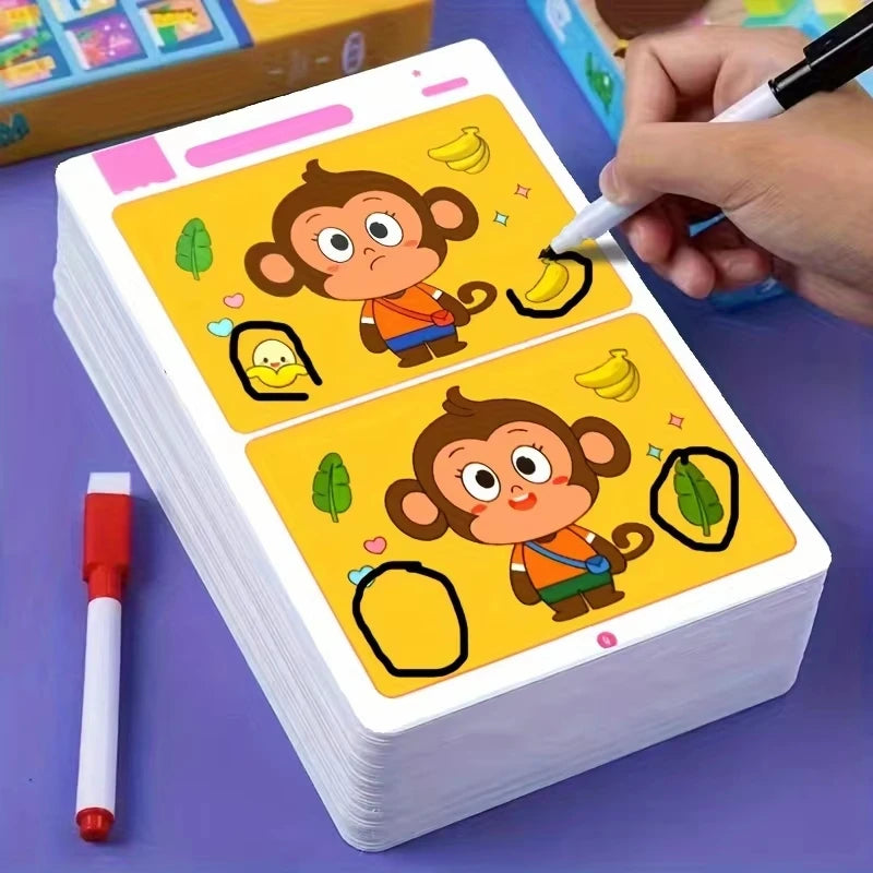Trouver des différences Jeu de cartes Puzzle éducatif de dessin animé réutilisable pour enfants Trouvez des niveaux de difficulté pour la formation à l'attention de concentration