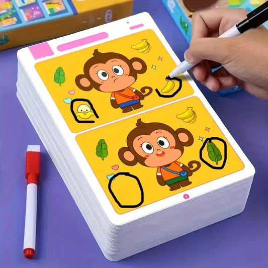 Juego de cartas educativo y reutilizable de dibujos animados para niños Encuentra las diferencias Encuentra niveles de dificultad para entrenar la atención y la concentración