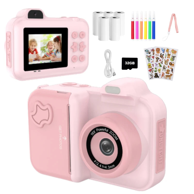 Children's Instant Print Digital Camera, Kids Document Pens, Thermal Printing Paper, Christmas Gift Toys for Boys and Girls, 32G