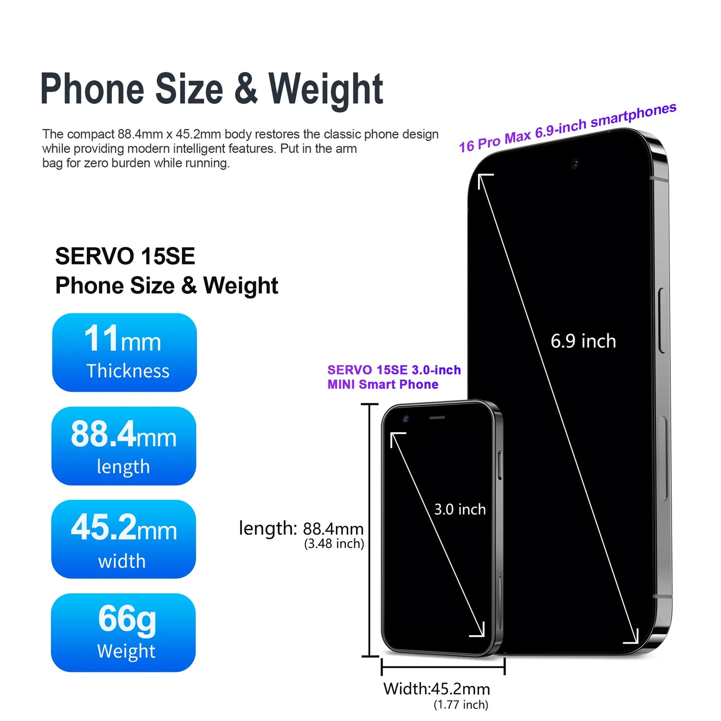 Mini Smartphone SERVO, pantalla de 3.0 pulgadas, 2GB + 16GB, WCDMA 3G, reconocimiento facial, GPS WiFi, Play Store, Android Smart Phone, doble SIM en espera