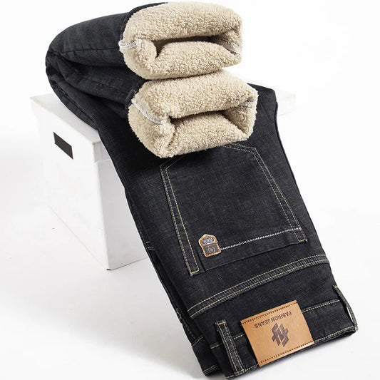Pantalones vaqueros de mezclilla de invierno para hombre, de cordero de felpa, rectos, de talla grande 40, de tiro alto, elásticos, forrados de forro polar, cálidos y delgados Vaqueros