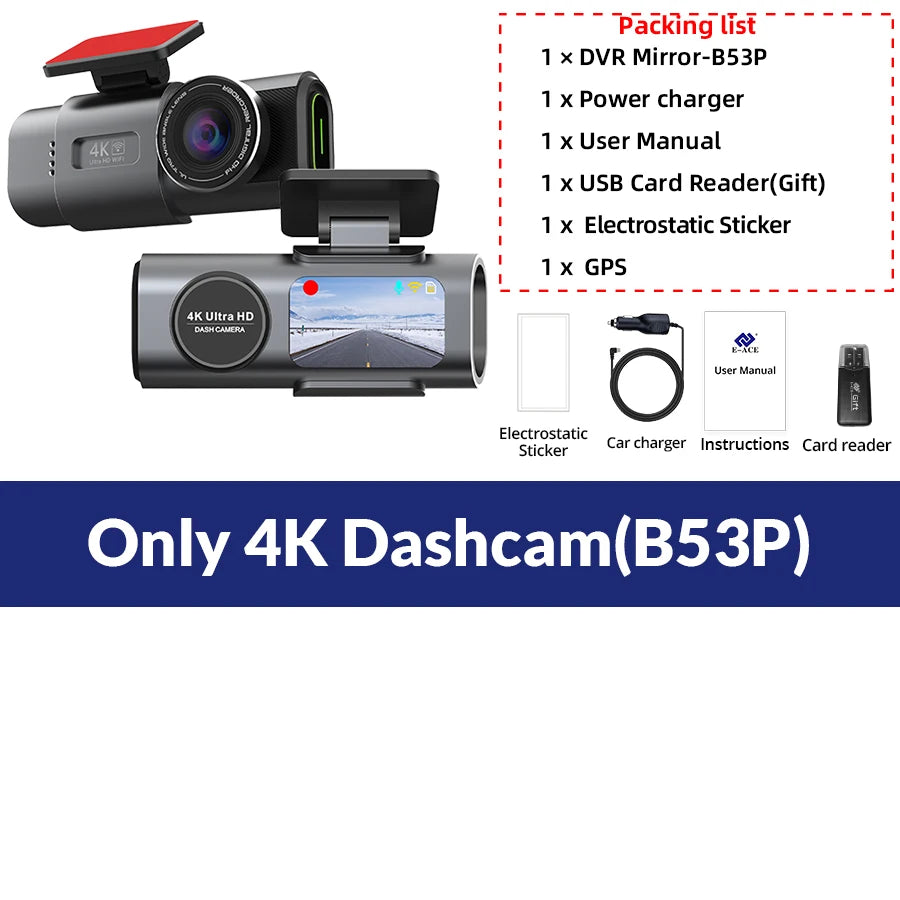 4K Dash Cam GPS WIFI APP 24H Night Vision Optional Mini Rear Lens Car Dashcam DVR Video Recorder Car Camera Black Box