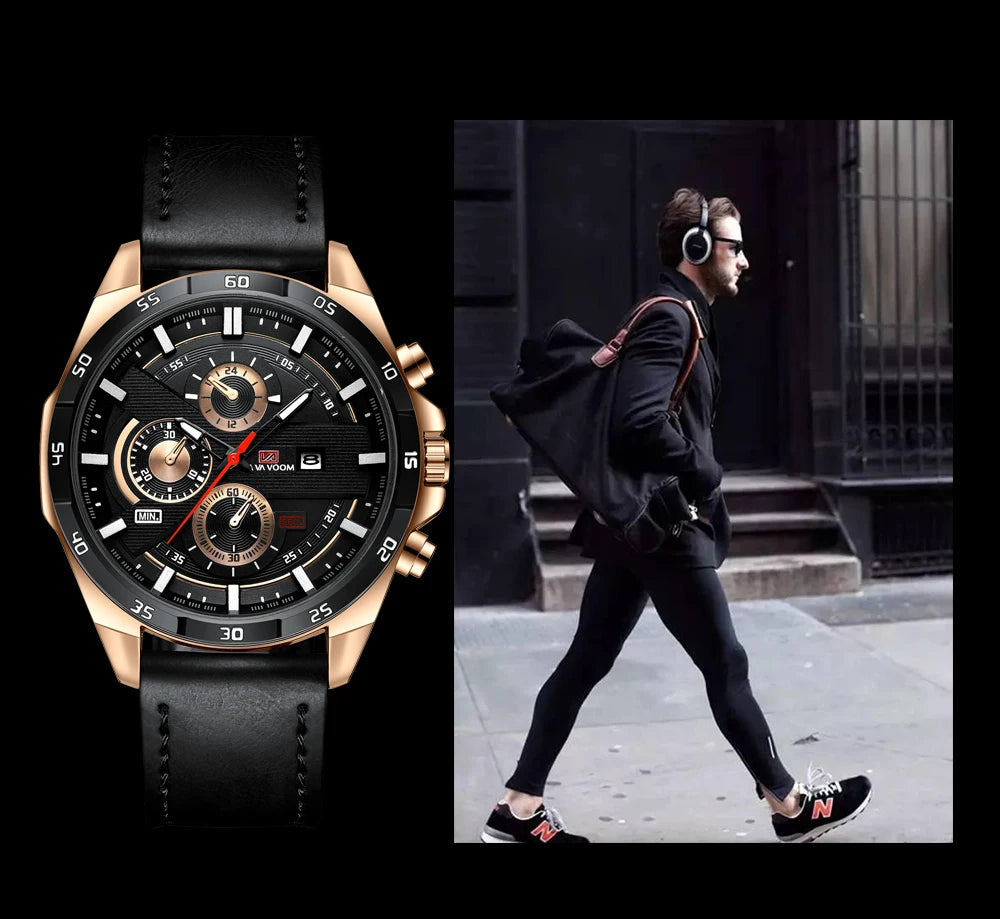 Montre à quartz en cuir pour homme, style sport, grand, décontracté, mode, original, noir, rose, or, calendrier, 46mm