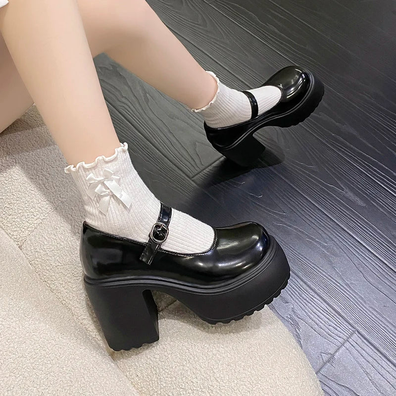 Chaussures Mary Jane noires à talons très hauts pour femme 2026, escarpins gothiques à plateforme épaisse, grande taille, avec boucle de cheville, chaussures de soirée Lolita 42