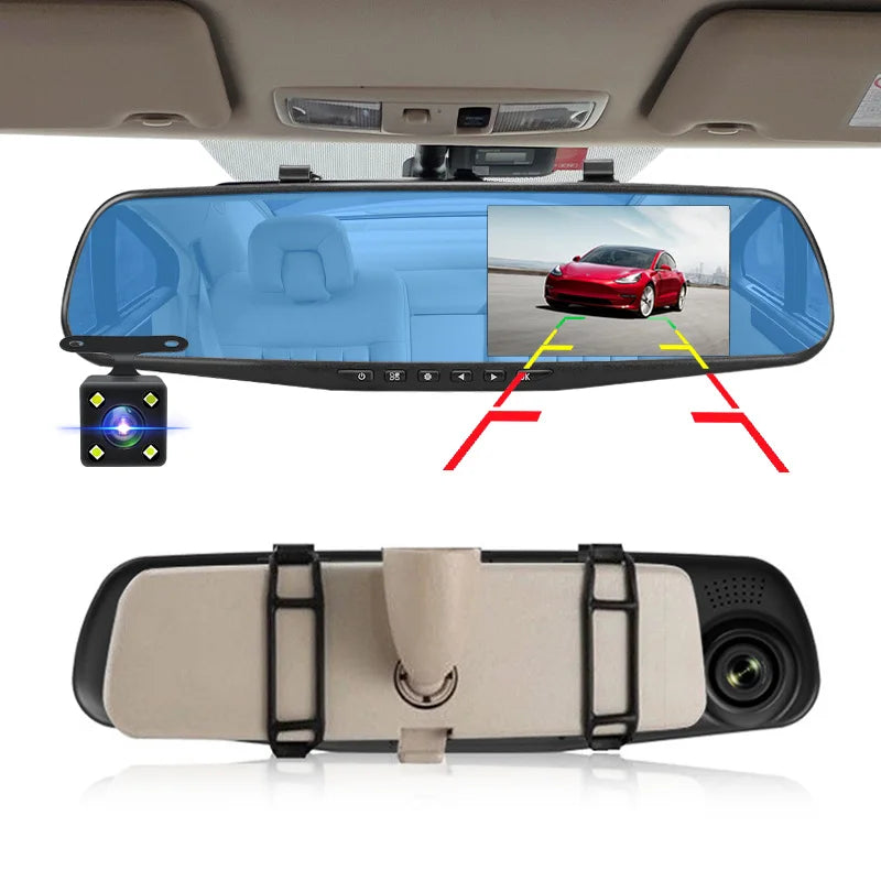 Dashcam Rétroviseur 4,3" FHD 1080P — Double Objectif DVR Enregistreur Voiture