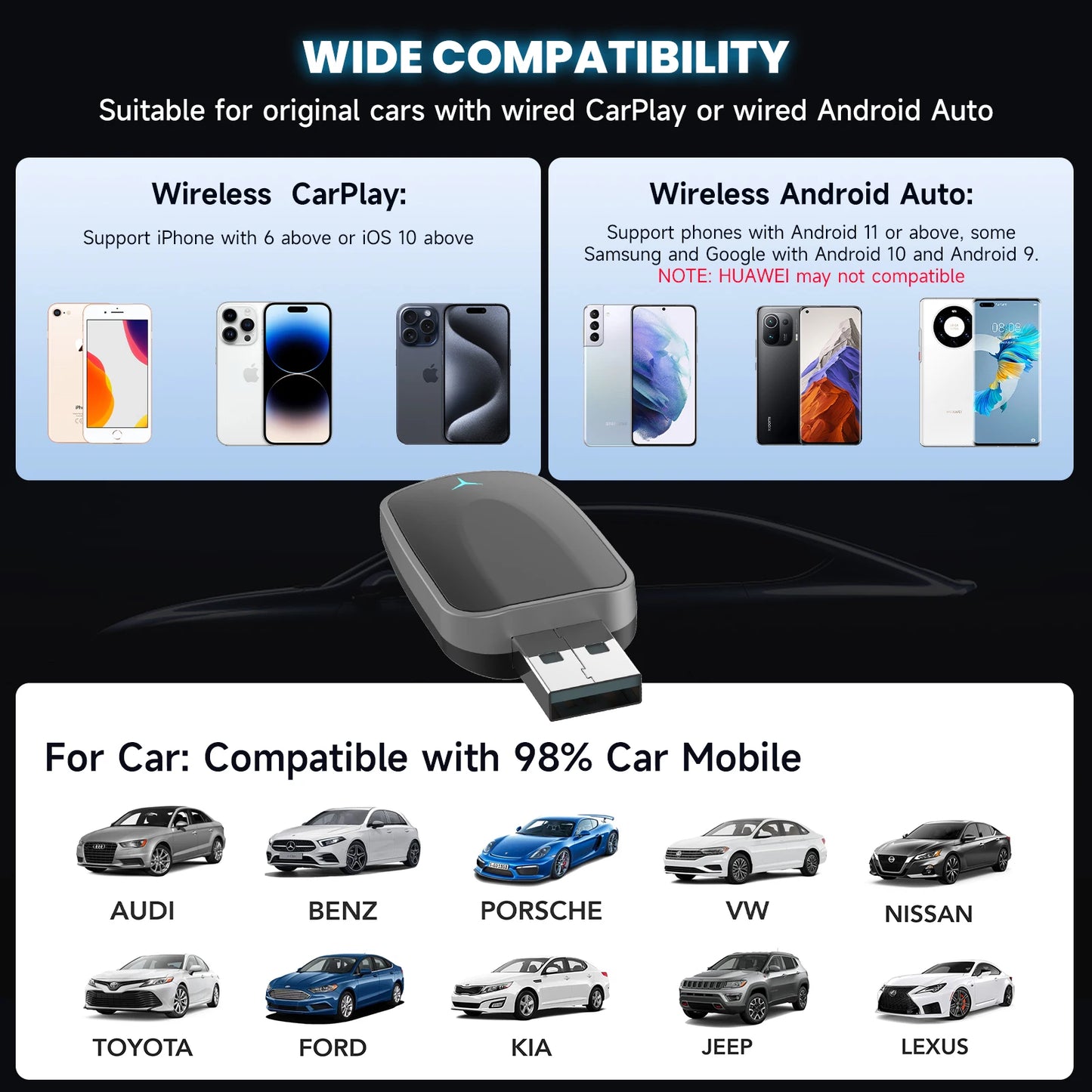 Adaptador inalámbrico 2 en 1 de CarPlay con cable a inalámbrico y adaptador inalámbrico Android Auto Plug & Play