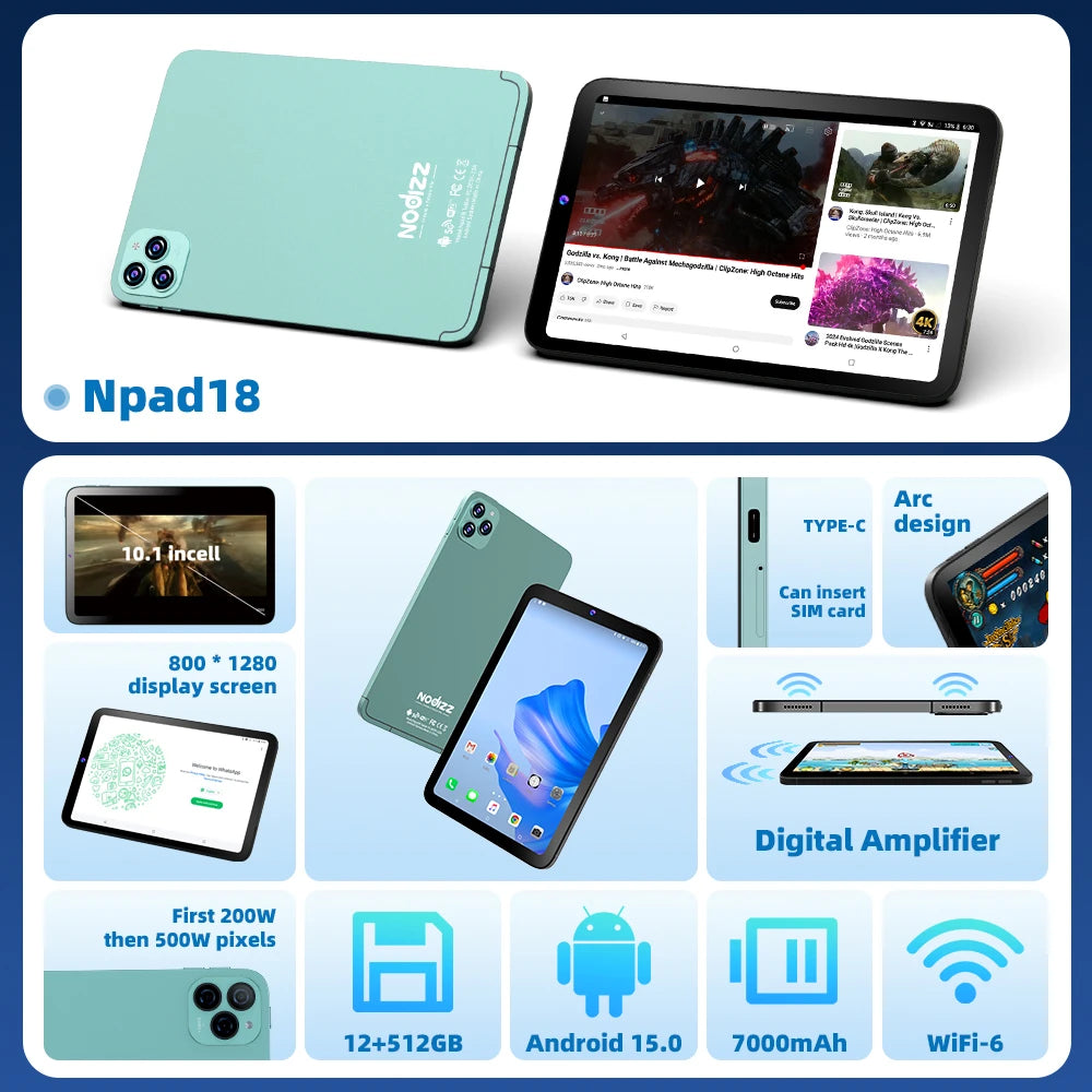 NPad 18 Pro 10.1 inch Tablet Pad 1280*800 HD 12GB 512GB Android 14.0 7000mAh Dual WiFi BT5.0 Dual SIM Dual Camera Tablets