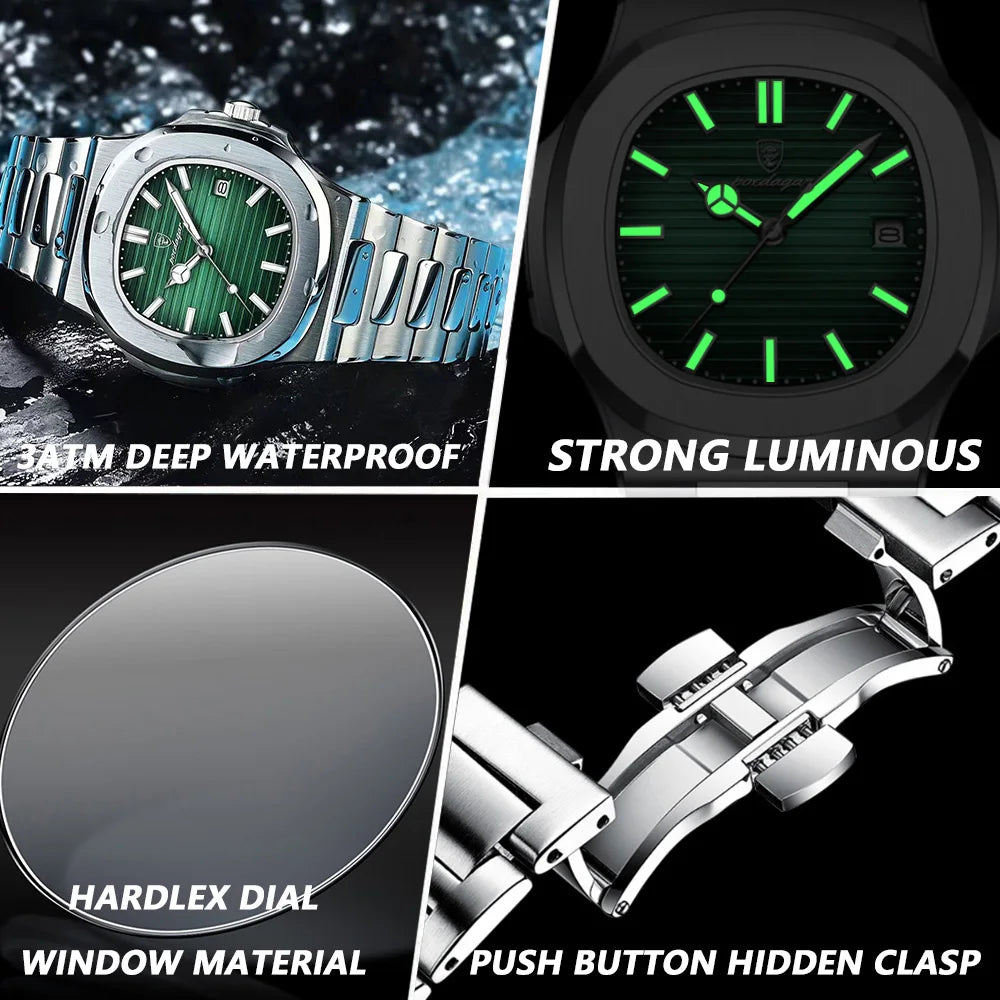 POEDAGAR Fashion Square Men's Luminous Waterproof Stainless Steel Wristwatch Men's Watch Date Quartz Business Men's Watches Reloj