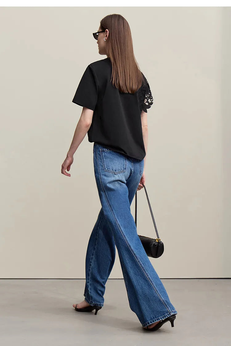 T-shirt femme 2026 été — col rond, coton, anti-transpiration, dentelle asymétrique, ample, manches courtes