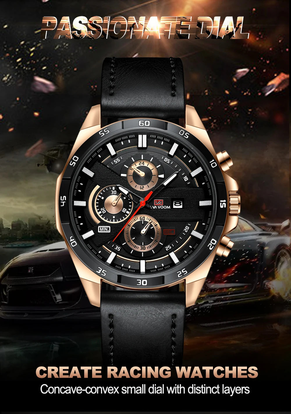 Montre à quartz en cuir pour homme, style sport, grand, décontracté, mode, original, noir, rose, or, calendrier, 46mm