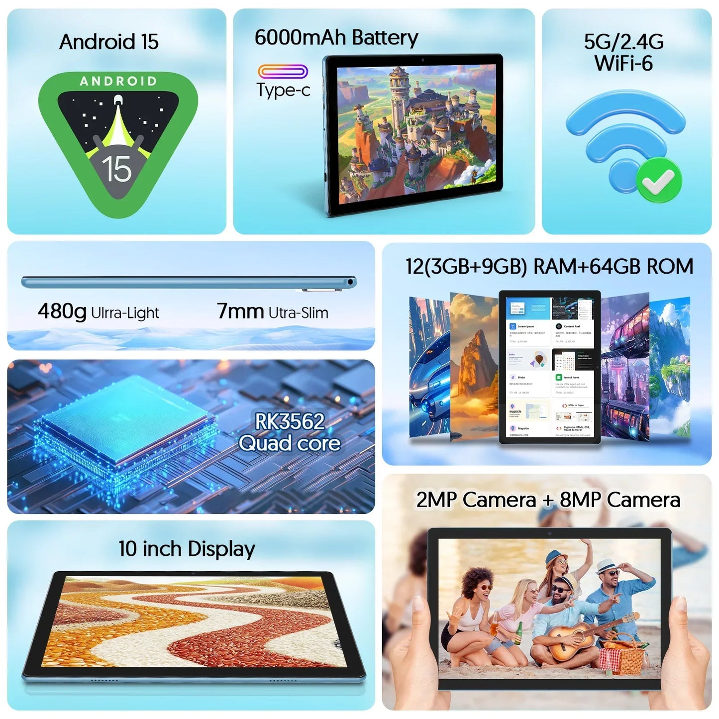 BAKEN Android Tablet 15 10 inch, Quad-Core Processor, 12GB (3+9 Extension) RAM + 64GB Storage, 5G WiFi, 1280*800 Dual Camera