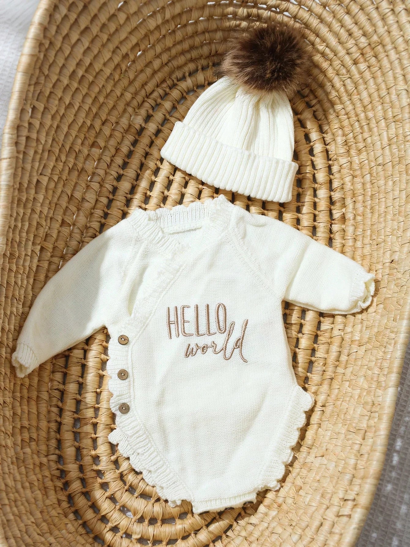 Ylsteed Hello World mameluco de punto para recién nacido con gorro de pompón a juego, ropa de bebé para sesión de fotos, niño o niña, fotografía HD