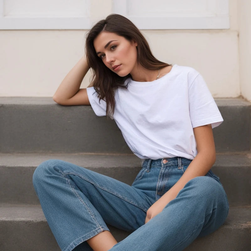 T-shirt en coton manches courtes 220g — Y2K, décontracté, confortable, noir et blanc, col rond, femme