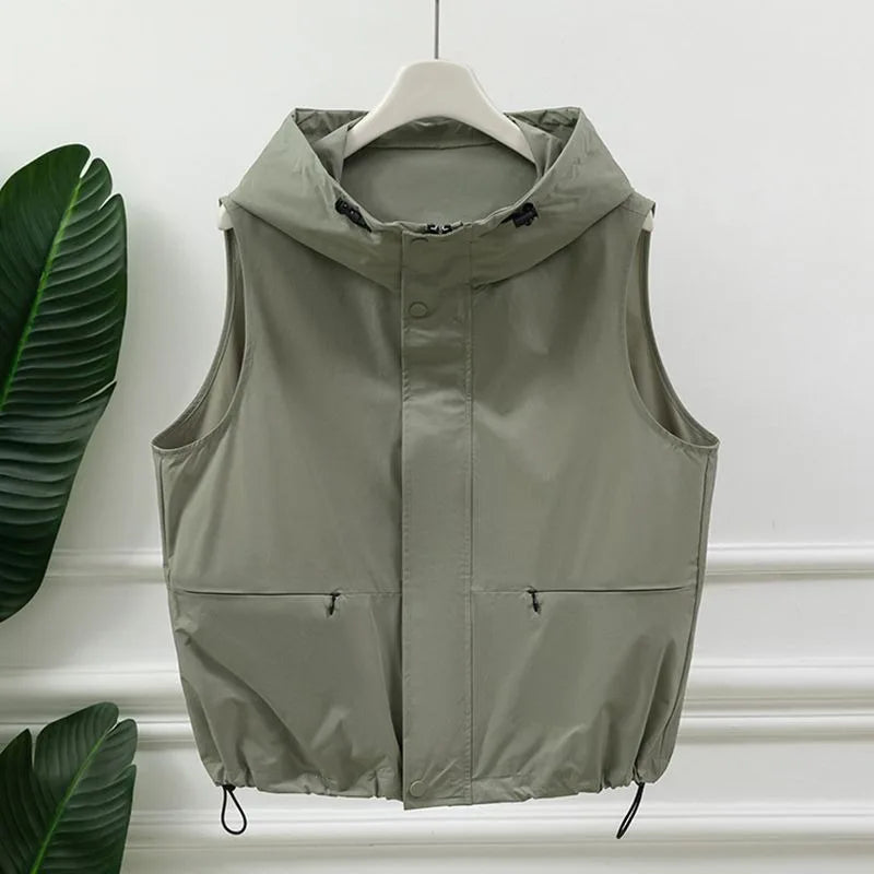 Gilet utilitaire sans manches à capuche gris clair pour femmes, fermeture éclair sur le devant, cordon de serrage, poche à la taille, Gilet superposé décontracté pour l'extérieur