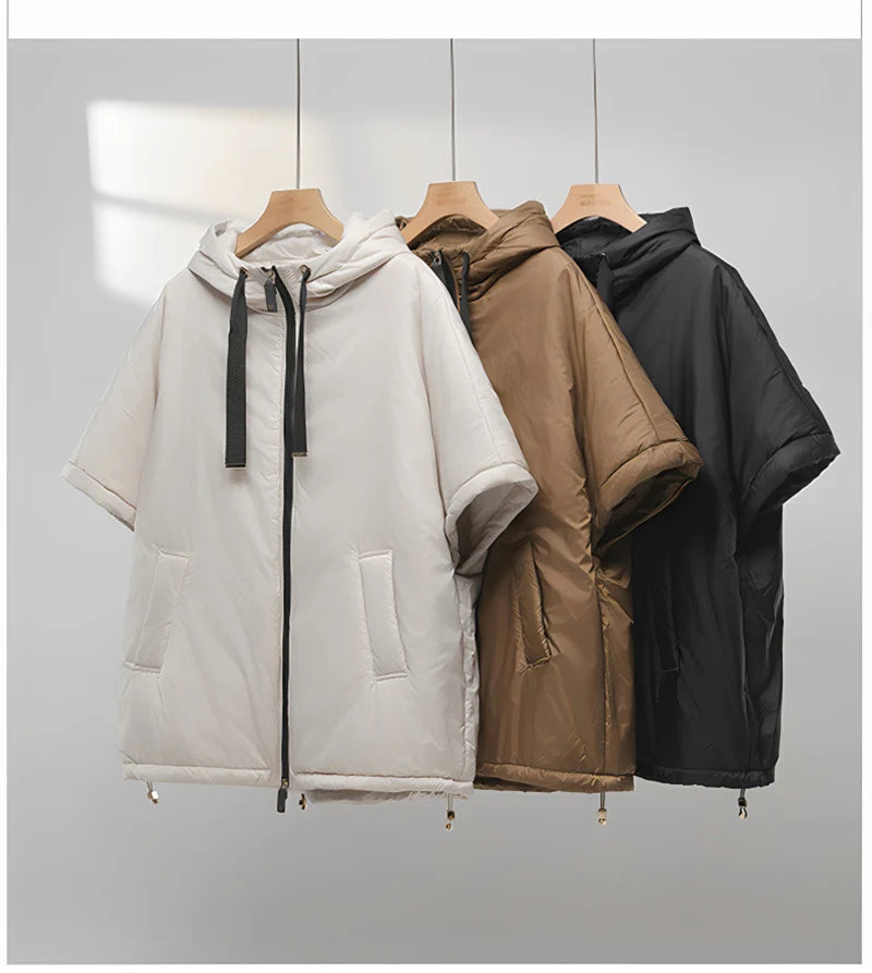 Chaleco de mujer Schinteon camel tipo capa de plumas con capucha holgado sin mangas, chaleco sólido de moda, chaqueta de otoño invierno 2025 nuevo