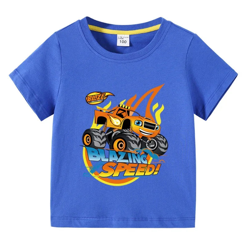 T-shirt à manches courtes en coton pour enfants — impression dessin animé camion monstre