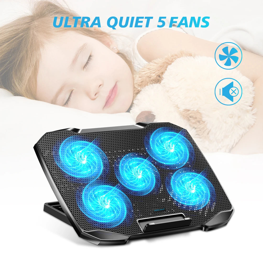 COOLCOLD Support de refroidissement pour ordinateur portable de 12 à 17 pouces, 5 ventilateurs silencieux, 5 angles réglables avec support pour téléphone