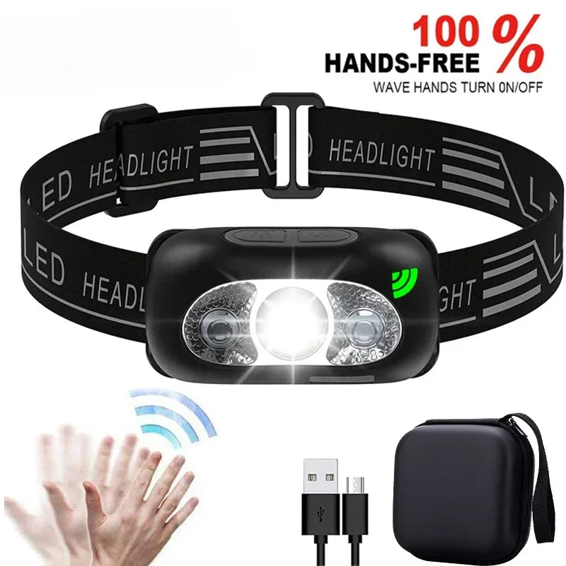 Lampe frontale puissante à LED portable avec capteur, rechargeable par USB, lampe torche frontale pour camping, pêche, lanterne d'urgence
