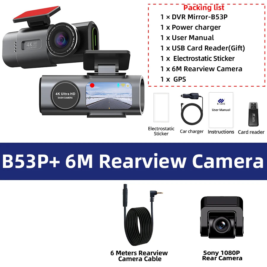 4K Dash Cam GPS WIFI APP 24H Night Vision Optional Rear Mini Lens Car Dashcam DVR Video Recorder Car Camera Black Box