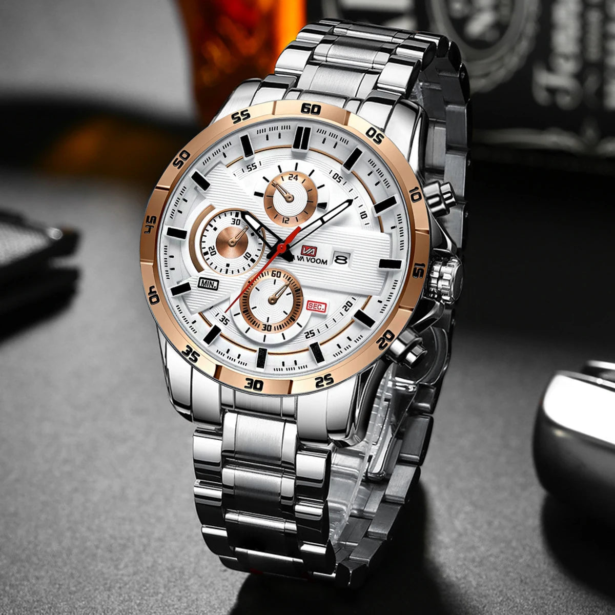 Montres de sport pour hommes, série de course de mode, 46mm, horloge en cuir noir VA VA VOOM, mouvement à Quartz 3Bar, montre-bracelet étanche pour hommes
