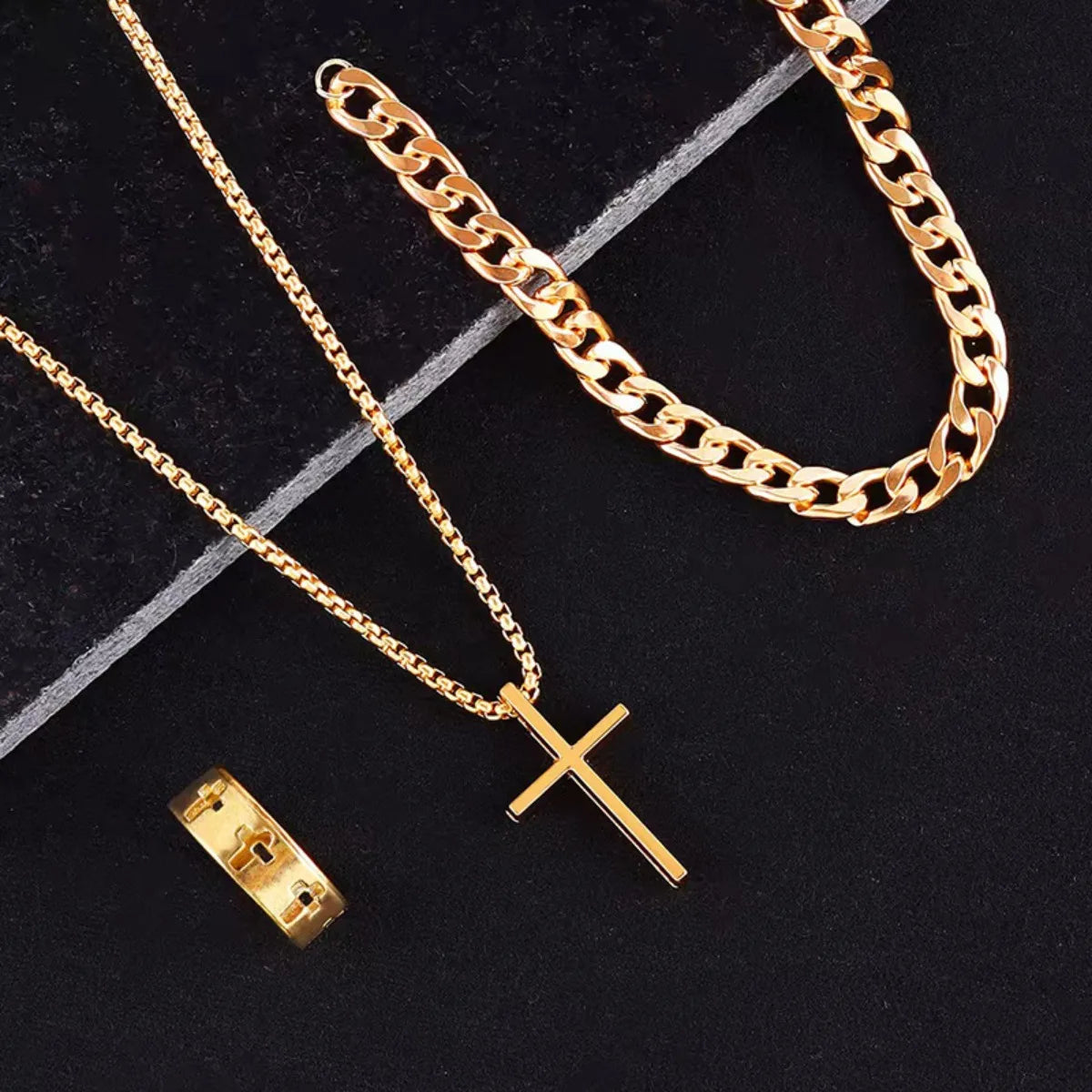 Superventas Nuevo set de joyas cruzadas de 3 piezas | Collar, pulsera, anillo de cadena | Accesorios de moda religiosa para mujeres y hombres, uso diario y regalo