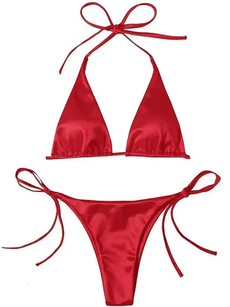 Licou brésilien métallique Satin Bikini femmes maillots de bain femme maillot de bain deux pièces Bikini ensemble coupe haute maillot de bain maillots de bain