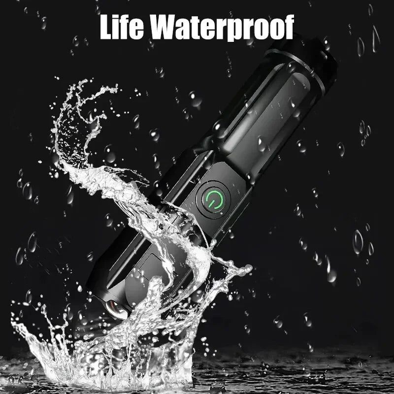 Linterna LED potente, recargable por USB, batería de litio integrada, resistente al agua, con zoom, para pesca, caza, camping, linterna táctica