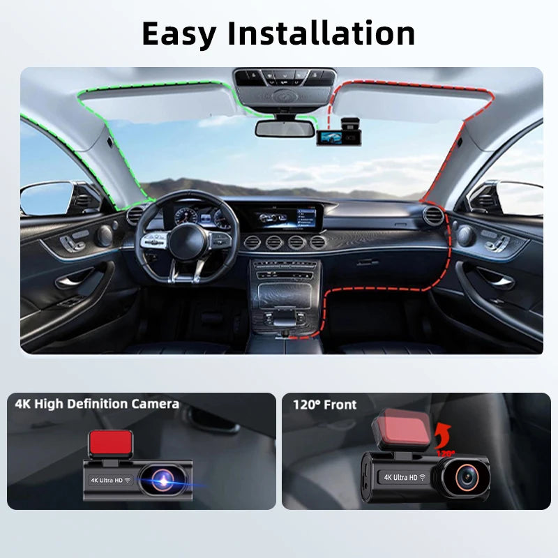 Dashcam Ultra HD 4K — enregistrement en boucle, surveillance stationnement 24H, vision nocturne, caméra arrière, WiFi