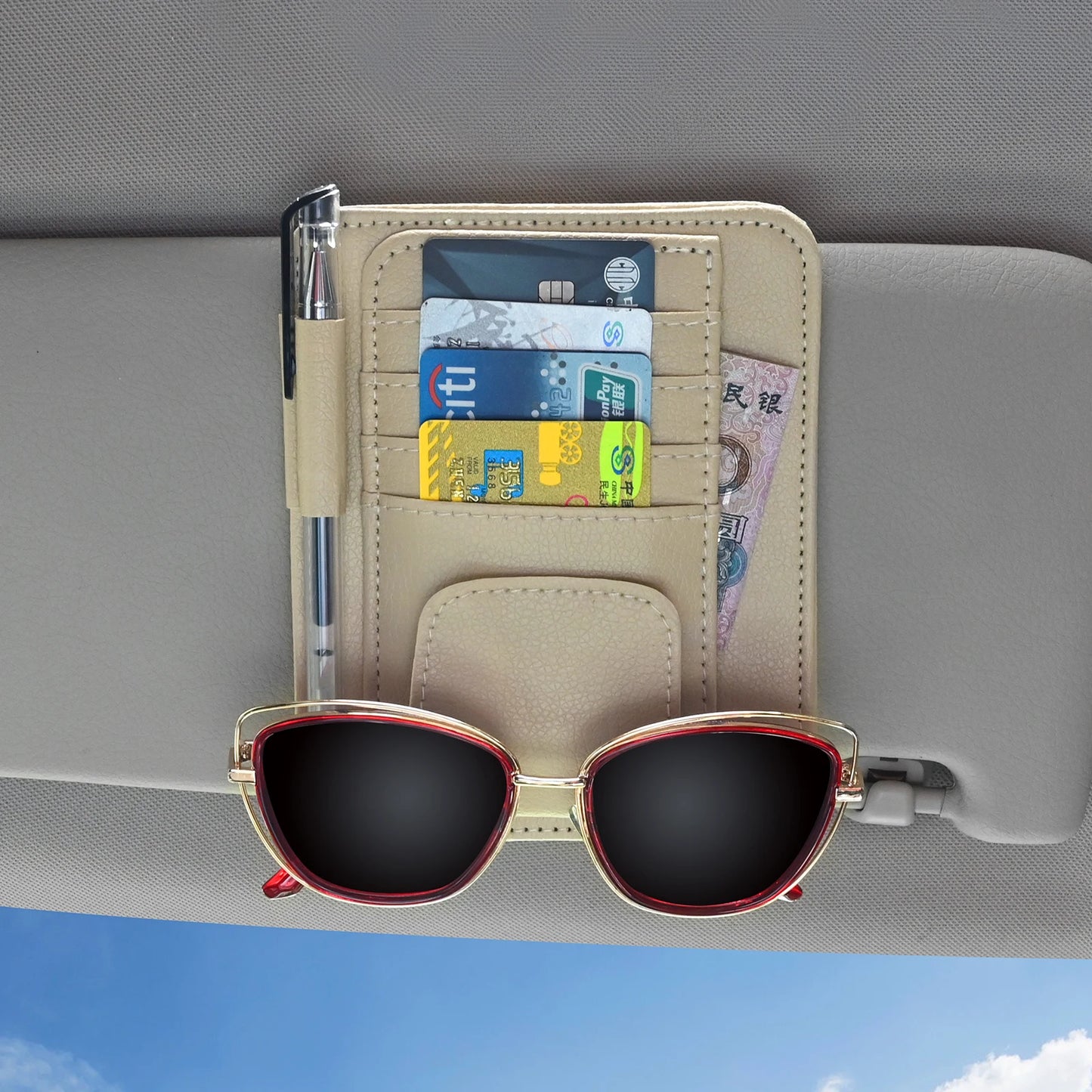 Organisateur Visière Voiture Multi-Poches — Porte-Cartes Lunettes Rangement Anti-Rayures