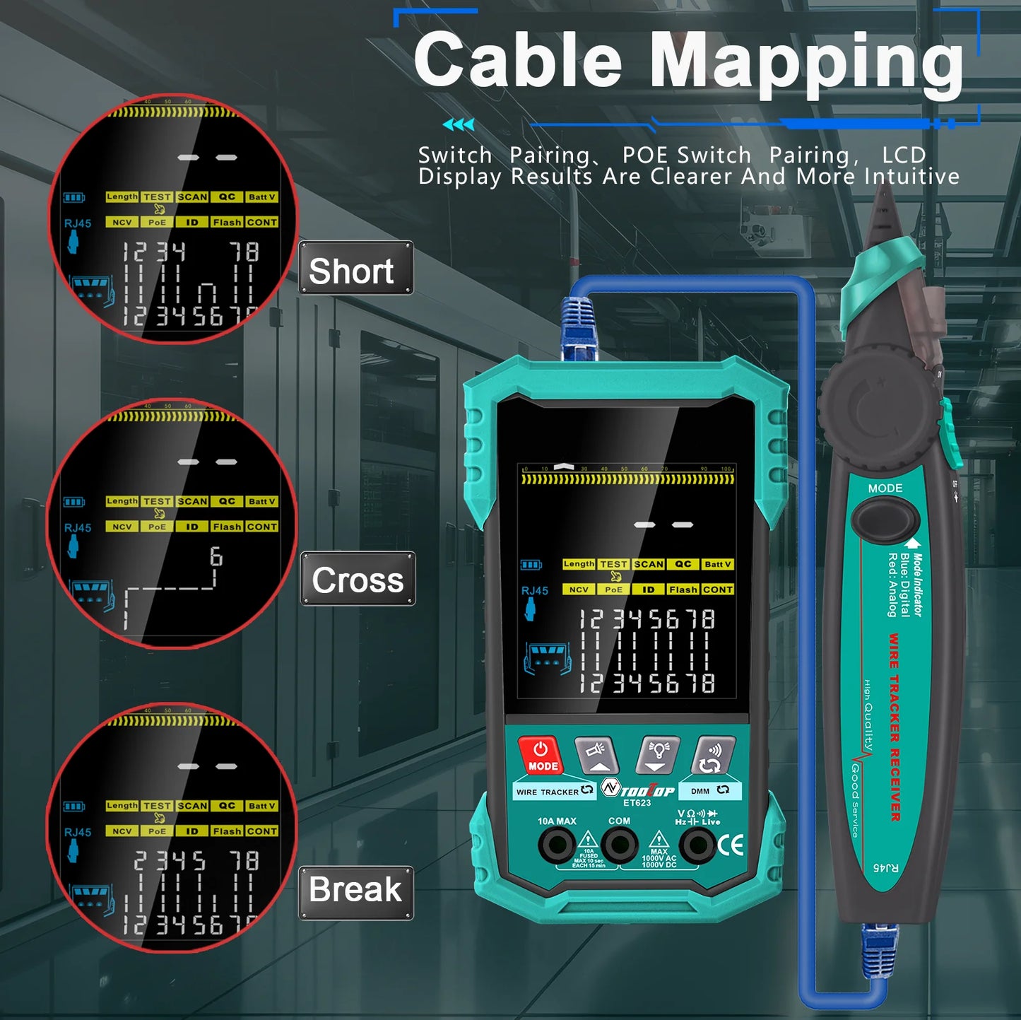 TOOLTOP – testeur de câbles réseau multifonctionnel de 3.2 pouces, 400M, Test POE, cartographie de câbles LAN, multimètre, outil de suivi de ligne téléphonique NCV