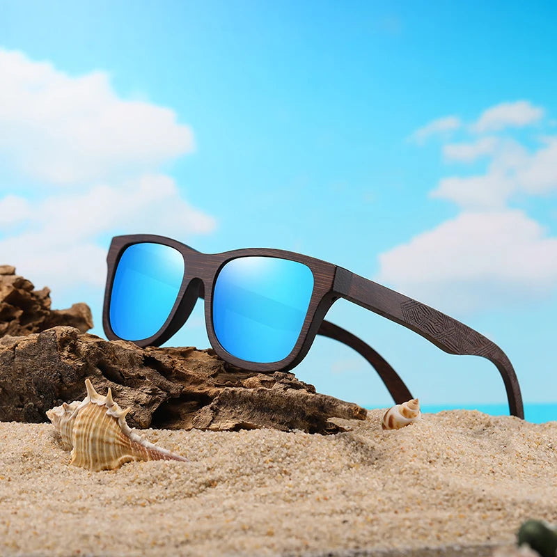 Lunettes de soleil en bois de bambou naturel polarisées faites à la main — miroir, boîte cadeau