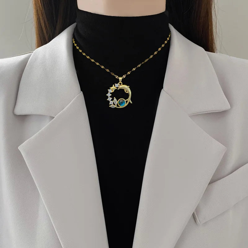 Y2K – collar planeta cielo estrellado, luz lujosa, temperamento magnífico, estrella y luna, cadena de clavícula versátil de acero inoxidable
