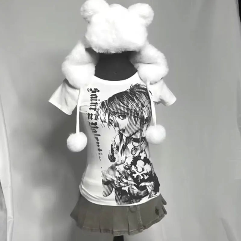Y2K Anime Streetwear Round Neck 90s Text Print Tops Women Harajuku Clothing Simple Vintage Aesthetic Emo Casual Style T-shirt