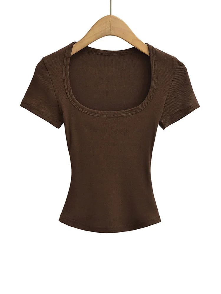 Haut court à col carré pour femmes, coupe cintrée, pull à manches courtes, très extensible, chemisier d'été Sexy, T-shirt pour le fond