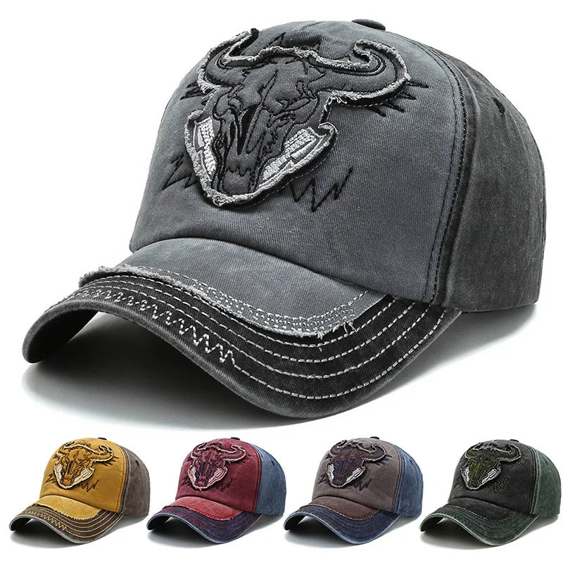 Gorra de béisbol de mezclilla lavada para hombres y mujeres, estilo Hip Hop Vintage con bordado de cabeza de toro, Y2k Snapback, gorras de papá, nueva colección 2023
