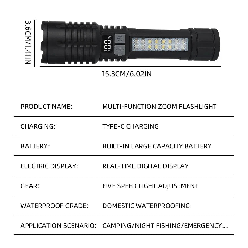 Lampe de poche LED haute puissance, torche étanche rechargeable de Type C avec lumière latérale COB, lampe d'extérieur Portable avec Zoom pour Camping et randonnée