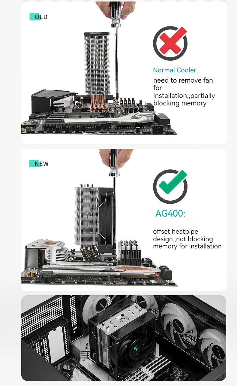 Refroidisseur de processeur DeepCool AG400 Plus 4 caloducs double ventilateur 220W, ventilateur 120mm, refroidisseur d'air pour processeur LGA1700 1851 AM5 AM4, radiateur de refroidissement par air