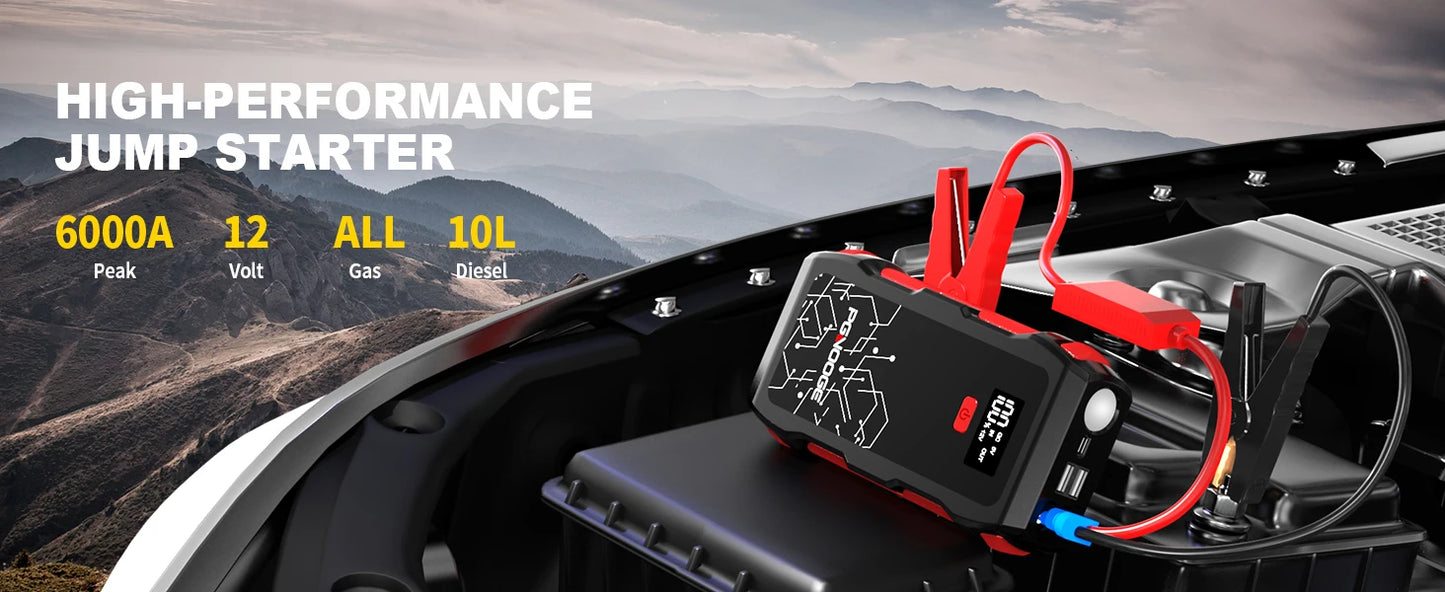 PGNOOGE 26800mAh 6000A de Crête Démarreur de Batterie, Booster de Batterie pour Tous les Moteurs Essence et 10L Diesel, 12V Batterie Voiture avec Lampe Torche, Affichage LED, Charge Rapide USB